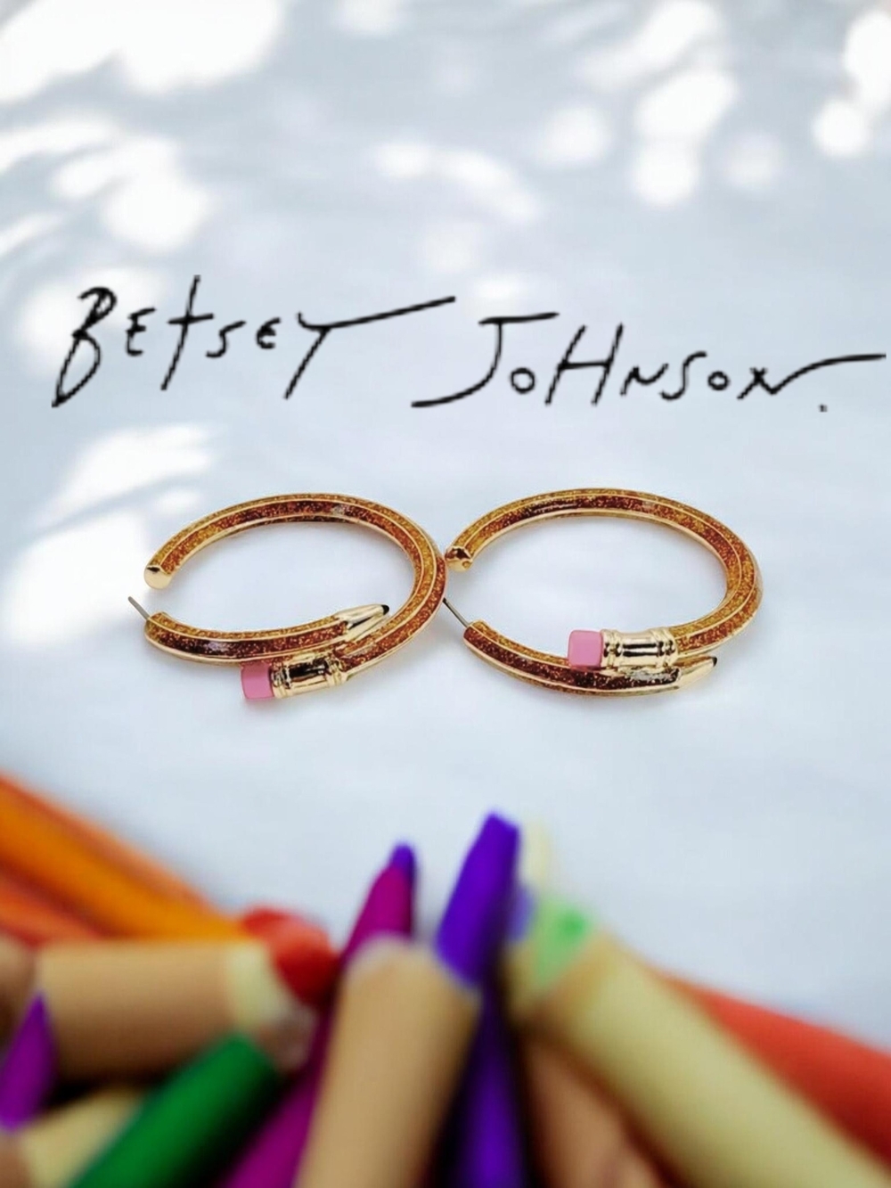 NEW Betsey Johnson Gold Glitter Pencil Hoop Earrings with Pink Eraser Detail NWT - Picture 2 of 5